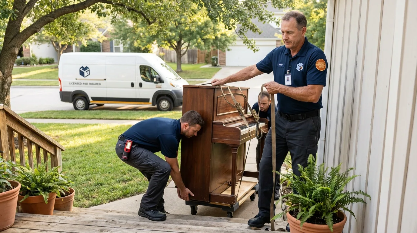 Licensed piano movers securing grand piano in Elkader, IA