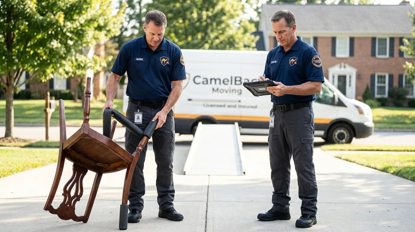 Movers inspecting furniture for damage prevention before loading in Elkader, IA
