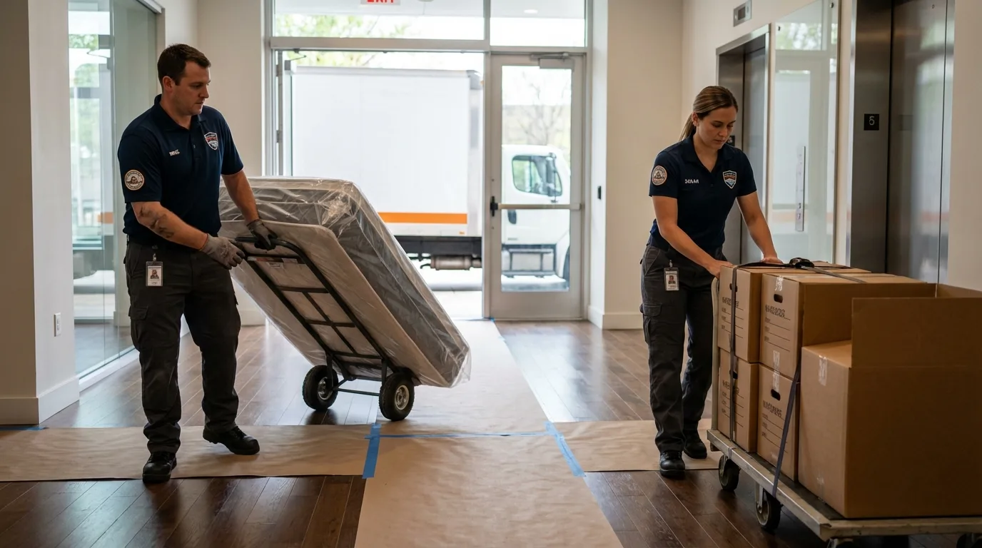 Professional apartment movers loading elevator in Elkader, IA