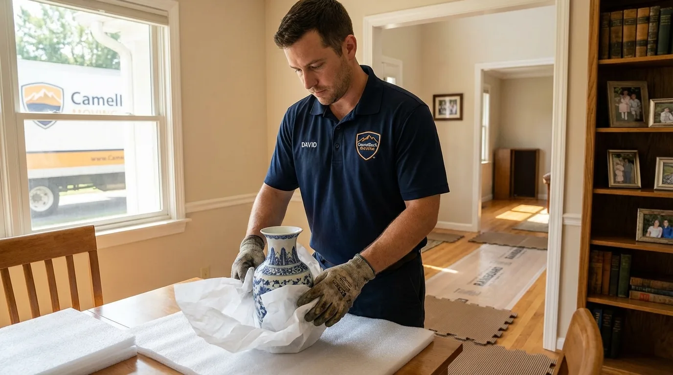 Professional crew carefully wrapping antique vase for senior downsizing move in Elkader, IA